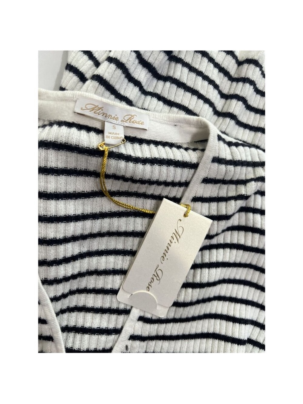MINNIE ROSE Black and White Striped Ribbed Cardigan | S - Picture 3 of 3